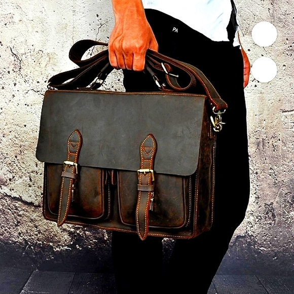 Handmade  LEATHER RETRO DESIGNER BUSINESS BRIEFCASE, 18"x13" - Picture 2 of 7